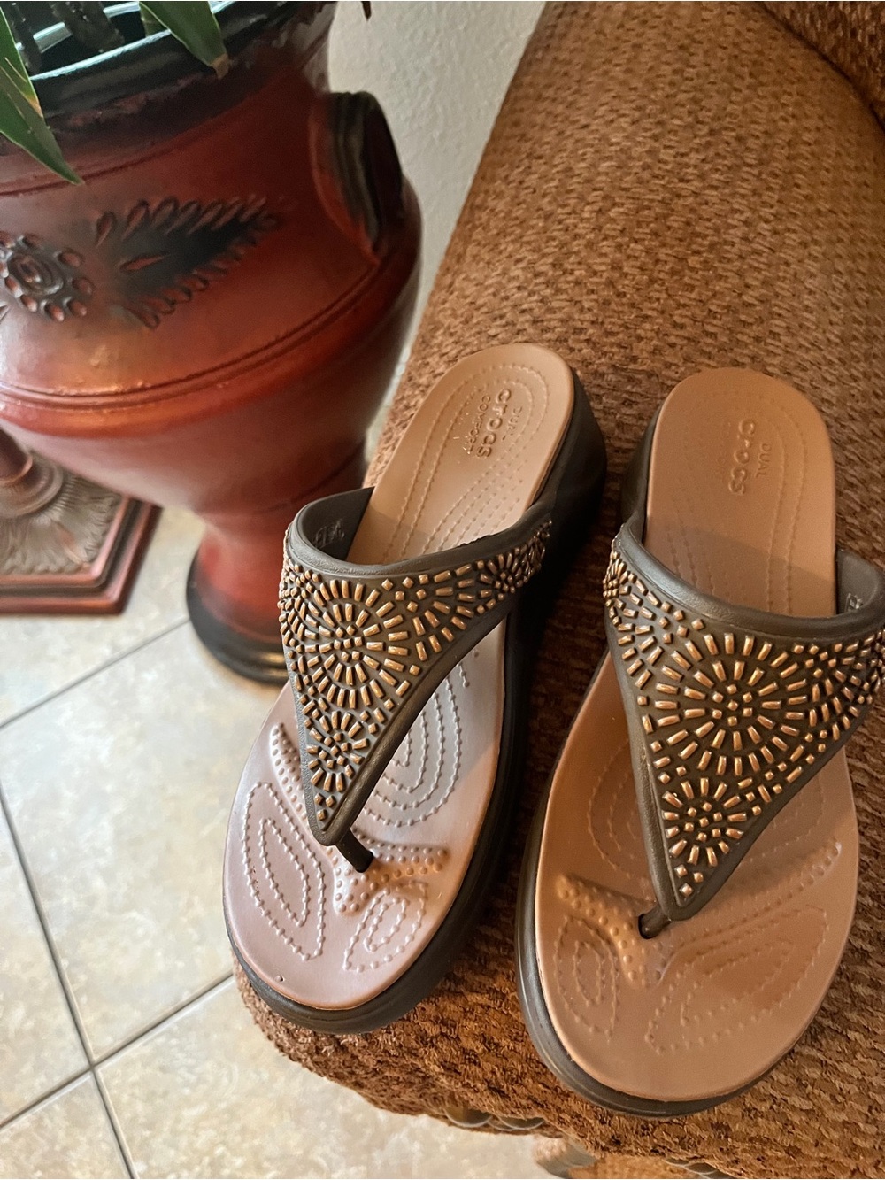 CROCS Bronze Metallic Embellished Wedge Sandals